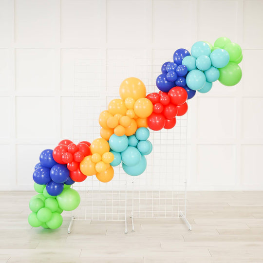 Approximately a two nugget freeform organic balloon garland on white wire frame
