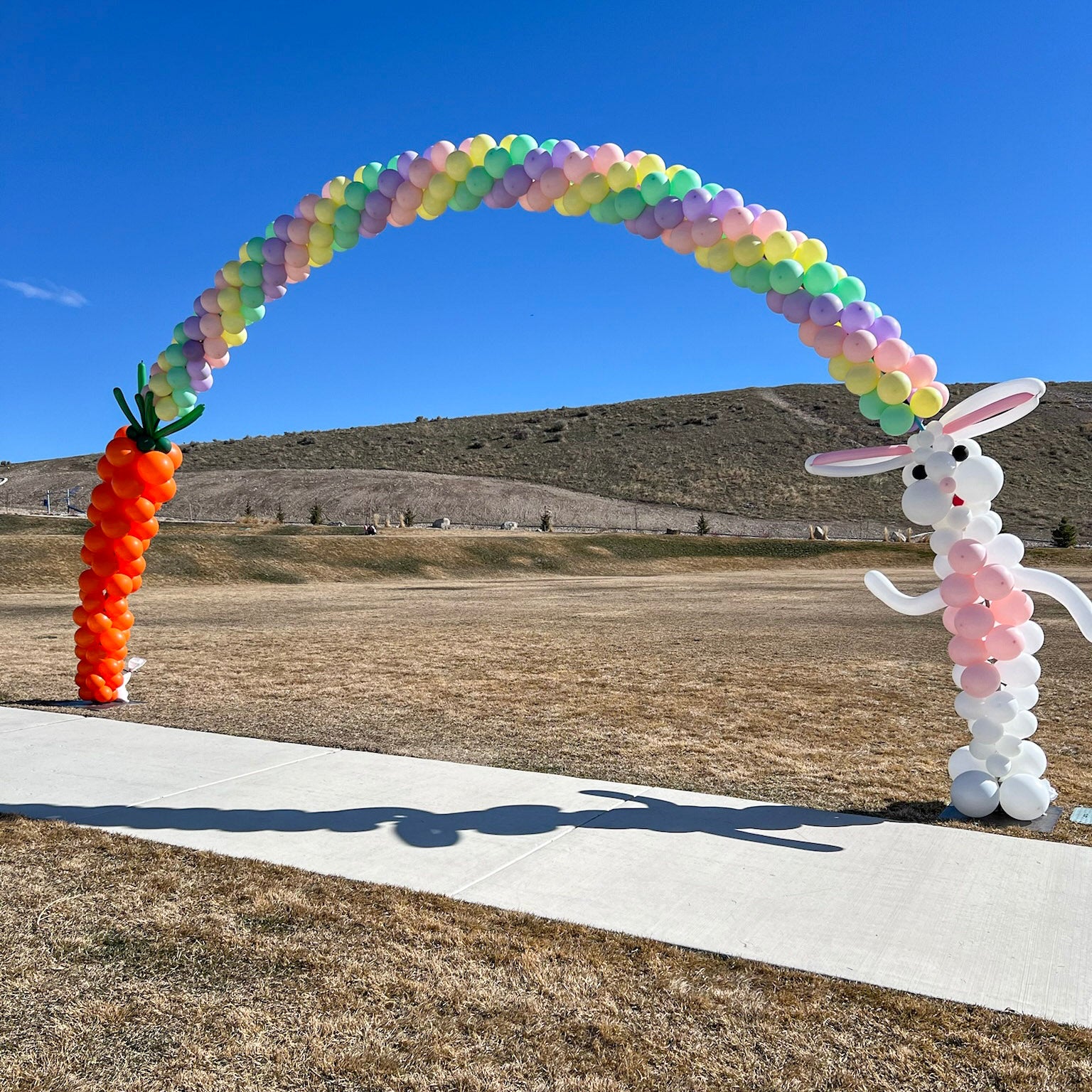 Balloon arch with a rabbit and carrot design against a blue sky.