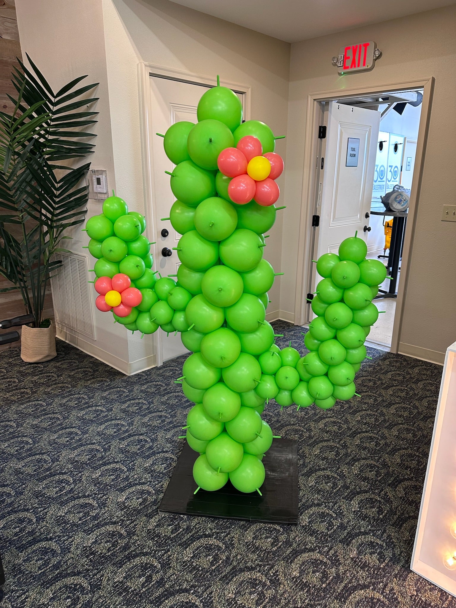Balloon sculpture of a cactus in a room with doors and plants.
