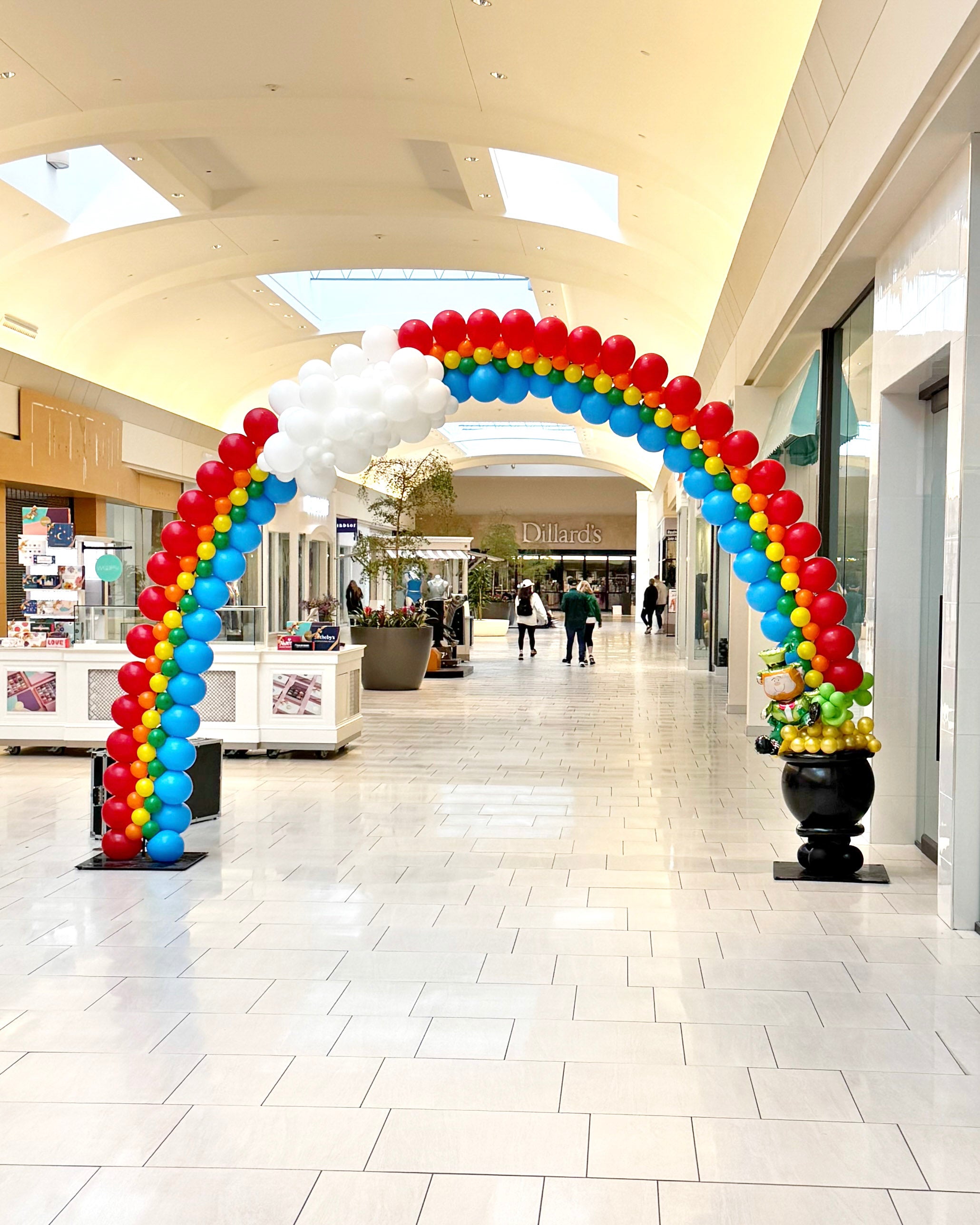 Colorful balloon arch in a mall hallway