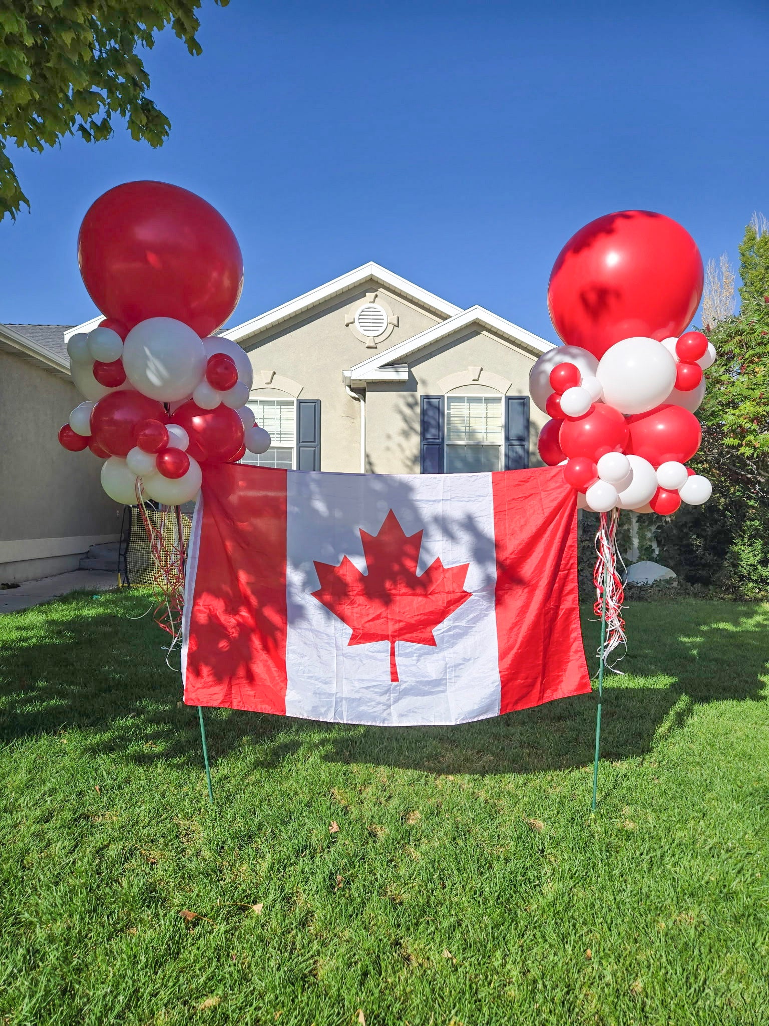 Canadian flag with red and white balloons in front of a house