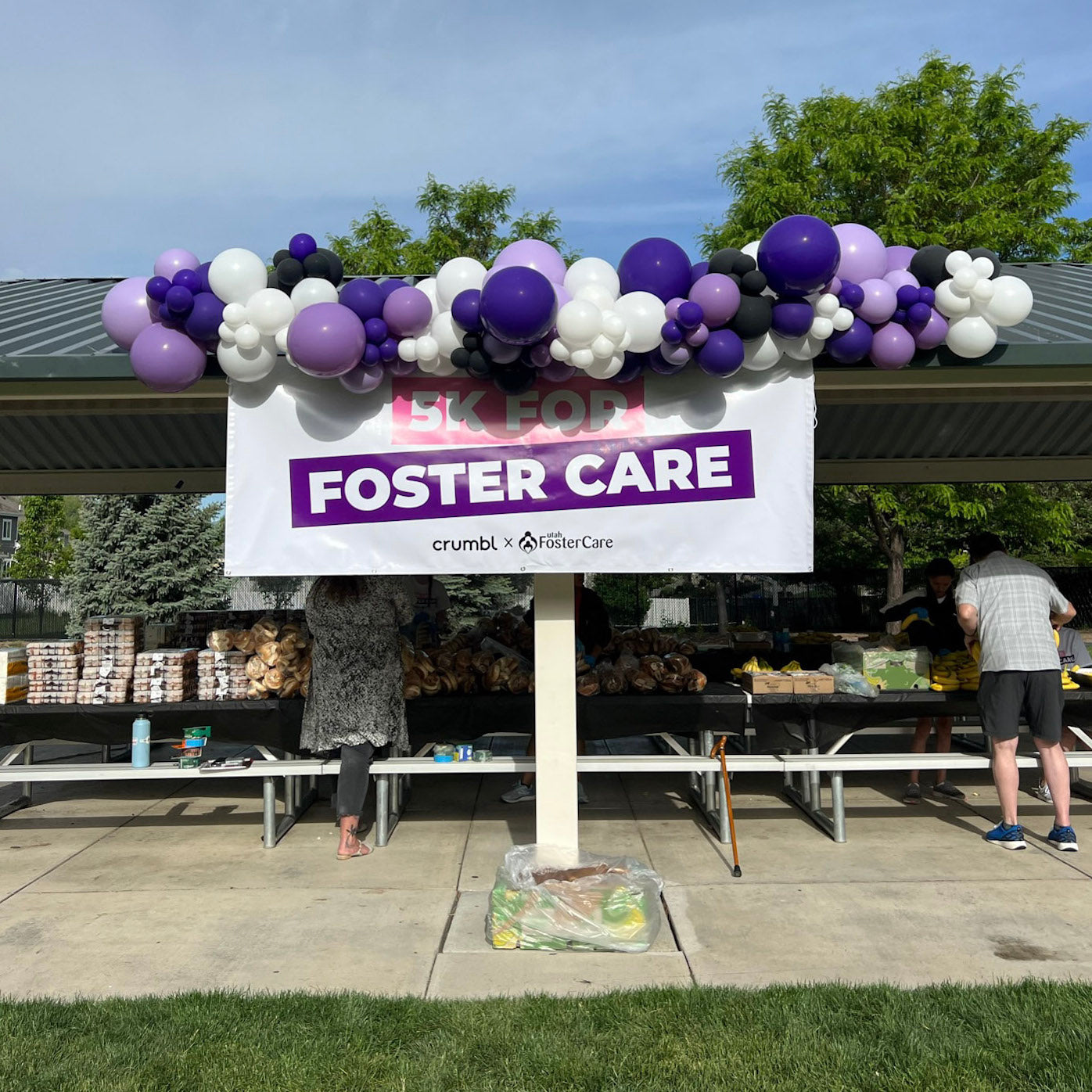 Shades of Purple balloons and white balloons make up a linear balloon garland across the top of a gazebo at local park for a 5k for Foster Car run